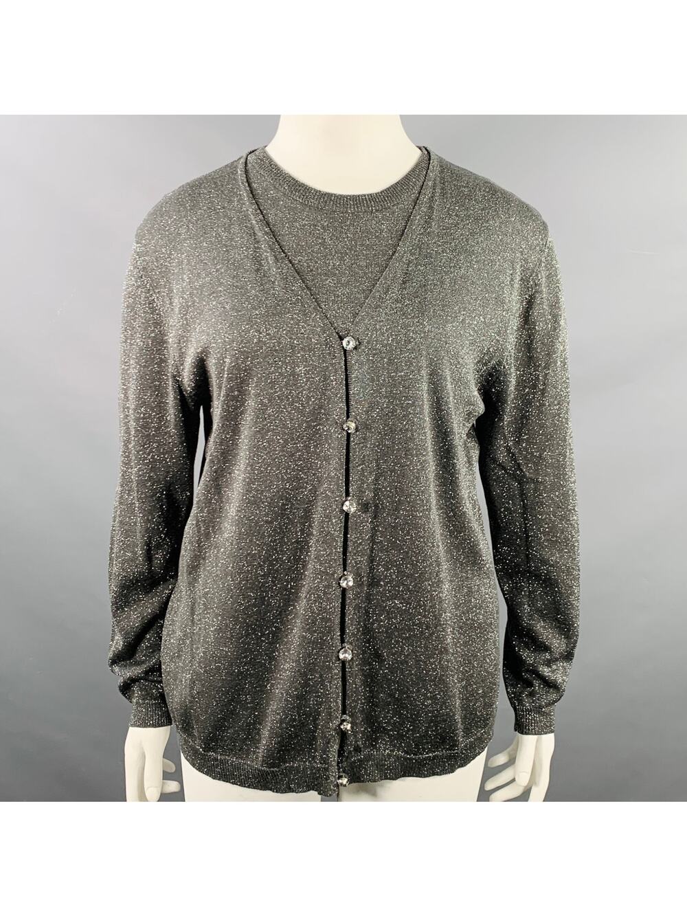 ADRIANNA PAPELL Size L Silver Grey Silk Blend 2 PC Cardigan Set